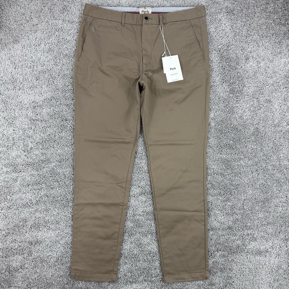 Perk Feel Good Chinos Men's 36x32 NWT Dark Khaki Slim Fit Cotton Stretch Preppy - Picture 1 of 13